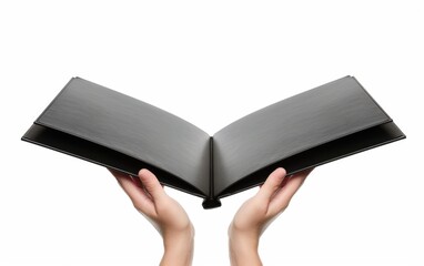 Hand holding a book with blank pages on a white background