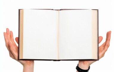 Hand holding a book with blank pages on a white background