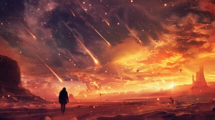 A lone traveler walking through a desert landscape under a sky ablaze with falling stars and a light drizzle of rain. - obrazy, fototapety, plakaty