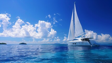 A luxury yacht sailing across the Pacific Ocean against a backdrop of clear skies and distant islands on the horizon.