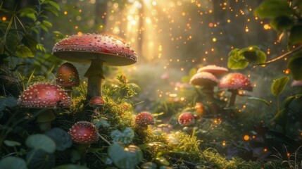 A magical forest setting with mushrooms scattered like jewels amidst the verdant undergrowth