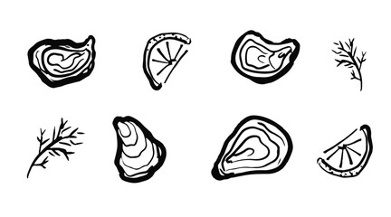 Oysters with lemon and herbs. Seafood on white background. Shells hand drawn illustration. Design for seafood restaurant menu. Naive art illustration. 