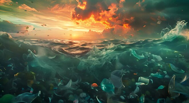 a world drowning in plastic and pollution, with waves of waste fueling an unstoppable inferno,
