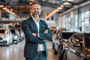 Naklejka premium Auto dealer standing proudly within a car showroom