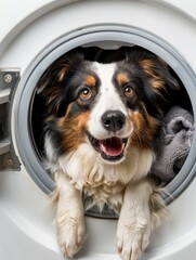 Australian Shepherd dog puppy inside the washing