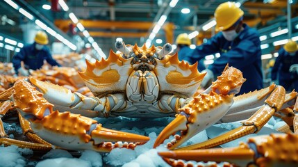 The legs of a giant king crab and the entire body of a giant king crab working in a giant king crab processing factory. The workers wear hard hats and white jackets. Generative AI.