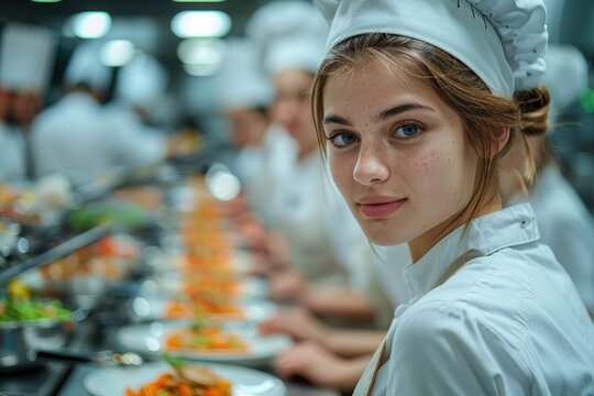 A culinary arts student preparing a dish in a professional kitchen, focus on precision and passion