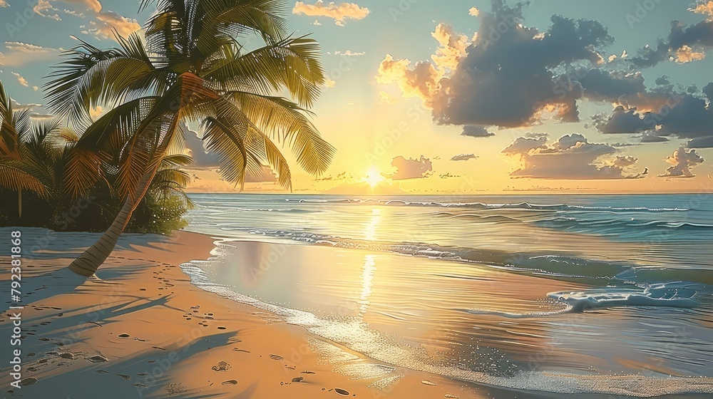 Poster beach with palm trees, the sun is setting. generative ai.