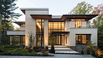 A minimalist facade of a modern home with clean lines, neutral colors, and large windows, exuding elegance and simplicity.