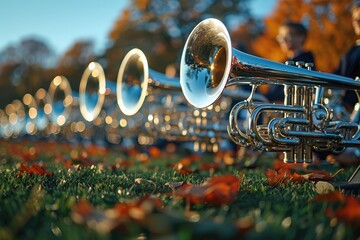 A high school band practicing on the school field, preparing for a halftime performance