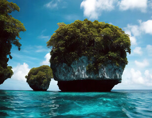 'rocky tropical Limestone islands Palau Water Travel Nature Landscape Forest Cloud Sea Green Blue Ocean Tropical Rain Holiday Jungle Environment Island Tourism Unesco Marine Fog Turquoise Lagoon' - obrazy, fototapety, plakaty