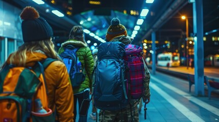 A group of young female friends carry backpacks and walk together at the train station.