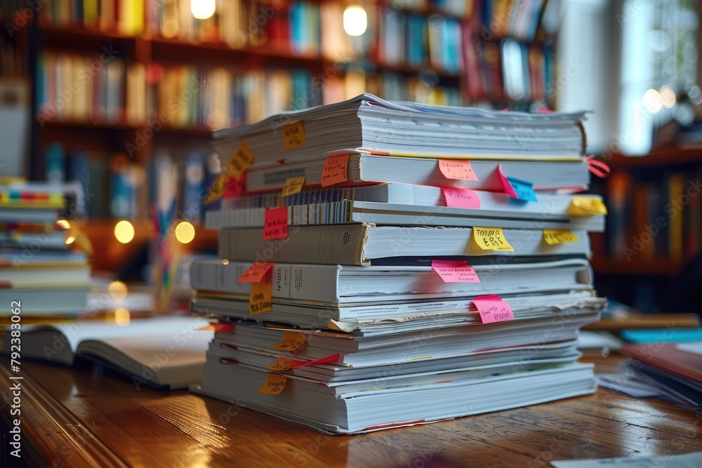 Wall mural a pile of research journals and books on a desk, with sticky notes marking important studies