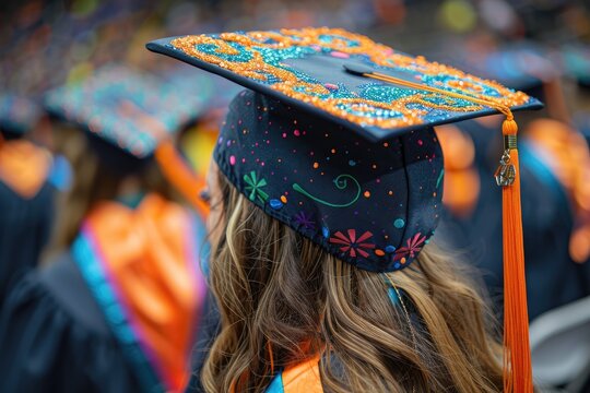 A personalized graduation cap decorated with inspiring quotes and art, a touch of individuality