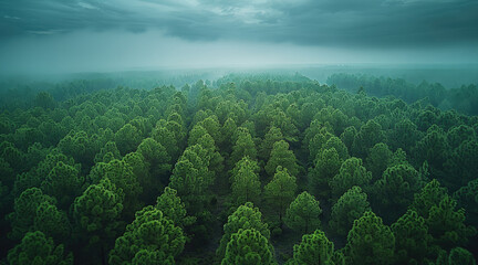 Drone shot and tree tops of a healthy pine forest and cloudy moonlight night sky. Generative AI.