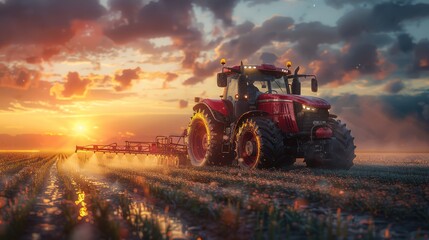 Irrigation tractor spraying or harvesting agricultural crops at sunset with infrared information is a banner design for agriculture and food production industry.
