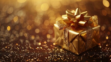 A gold gift box with a bow on a dark background. - obrazy, fototapety, plakaty