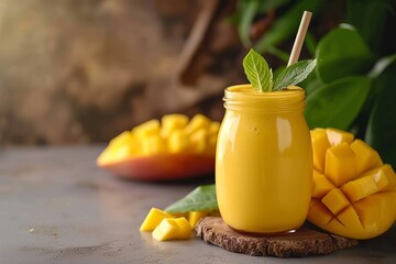 Mango beverages in a jar with a bamboo straw
