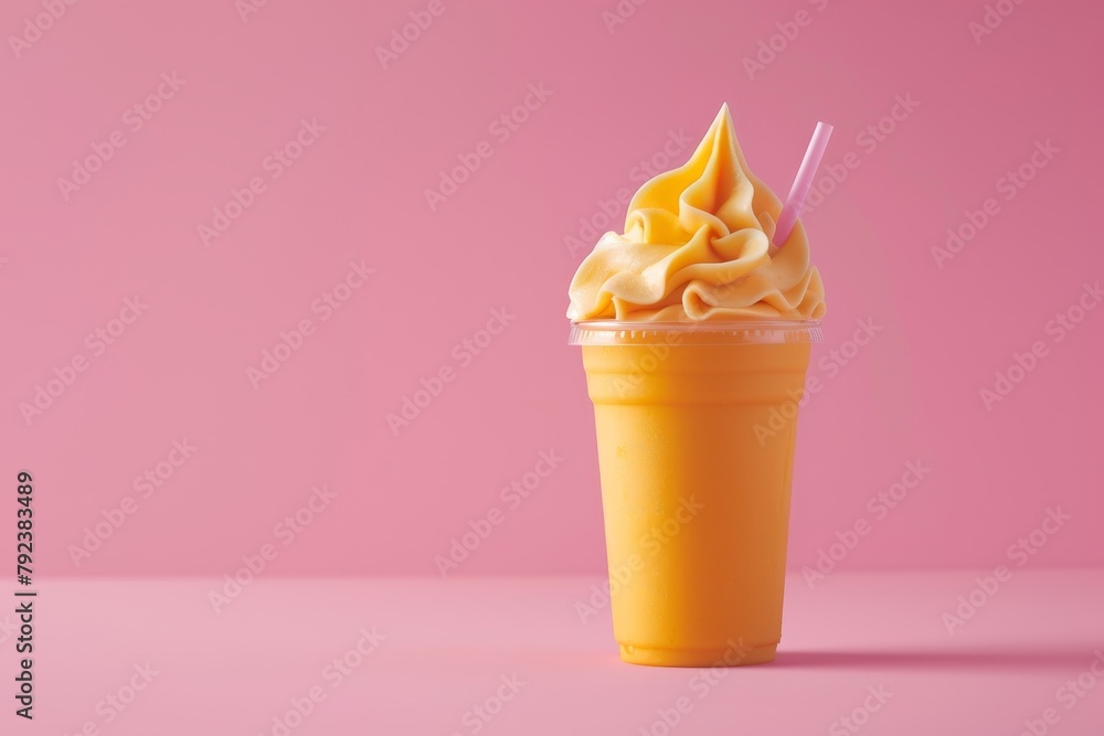 Wall mural Mango smoothie milk shake in a to go cup on pink background