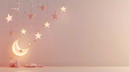 A room with a moon and stars hanging from the ceiling. - obrazy, fototapety, plakaty