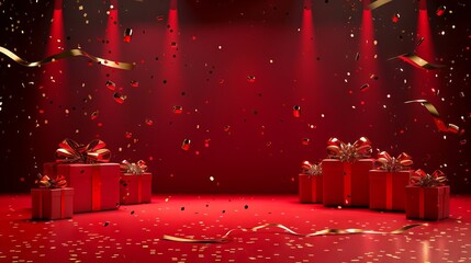 A red stage with confetti and gift boxes.