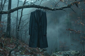 A stylish suit jacket hanging from a tree branch, with a backdrop of a misty forest at dawn