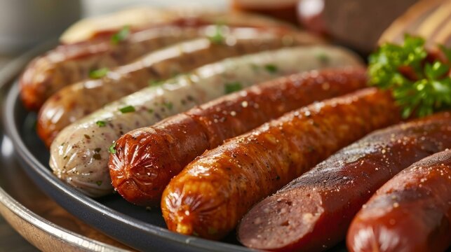 Closeup of a plate of assorted Beyond Sausages each with a unique flavor and seasoning. From bratwurst to knackwurst these plantbased sausages offer a wide range of options for those .