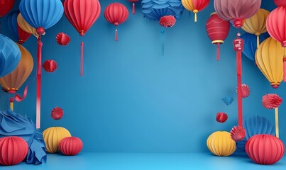 A blue background with colorful paper lanterns. - obrazy, fototapety, plakaty