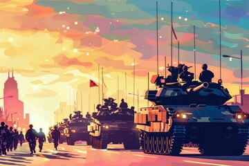 Military Parade With Vehicles And Military Members, Veterans Day - obrazy, fototapety, plakaty