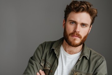 Obraz premium Masculine portrayal Handsome bearded man gazes at camera against grey backdrop