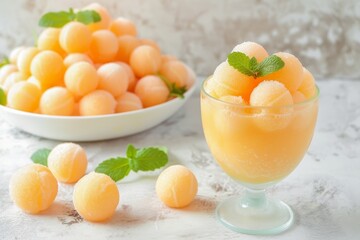 Melon balls in a bowl and a smoothie glass on a light background - obrazy, fototapety, plakaty