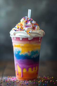a plastic cup with a colorful slurpee with white whip cream and rainbow dust on top and milk in the middle