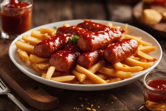 'currywurst bratwurst curry ketchup bread roll semmel sausage food fast pork fried tasty unhealthy greasy calorie snack grease meal grill snag sauce canteen fork'