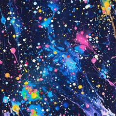 A canvas of midnight blue hosts a galaxy of neon splatters, each droplet a starburst of color, kawaii, bright water color
