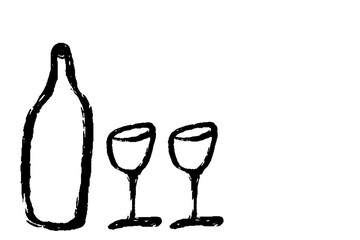 筆で描いたシンプルなワインボトルとペアのワイングラスのイラスト