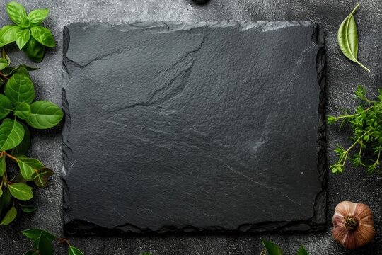 Menu or recipe emptyspace on top view black slate board