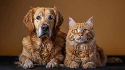 Panting Labrador Retriever dog and cat sitting in front of dark yellow background