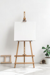 A white background with a wooden easel and a blank canvas on it. The scene depicts an artist's studio with an easel and canvas ready for painting