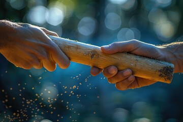 Close-up of hands passing a baton in a relay race, emphasizing teamwork and coordination