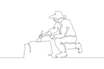 Archaeologist at an excavation. An archaeologist with tools in hand conducts historical research. Historian. Archeology. One continuous line . Line art. Minimal single line.White background. One line 