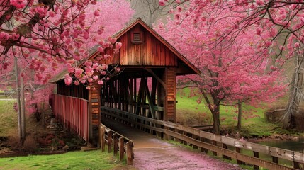 A picturesque covered bridge nestled among blooming cherry blossoms, creating a stunning scene of natural beauty and architectural grace.