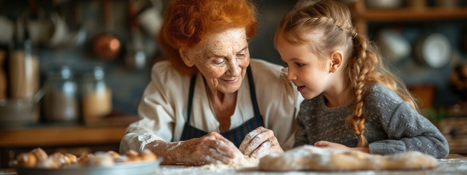 Grandmother  with her granddaughter cooks in the kitchen. Different generations spend time together. real values, transmission of  family traditions. banner