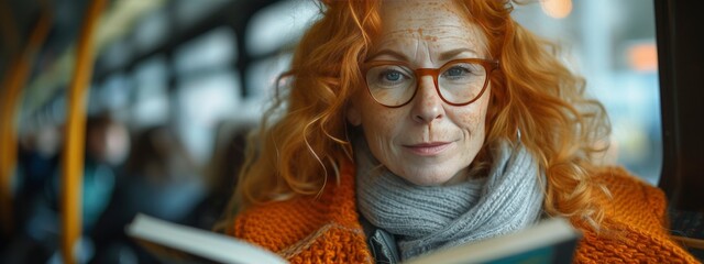 red hair  woman with  book on public transport. authenticity and uniqueness concept. hobby , relax style. banner