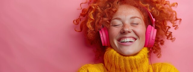 happy red-haired woman wearing headphones. authenticity and uniqueness concept. hobby , relax, love herself  style. banner