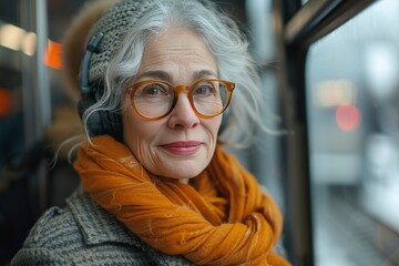 portrait of a middle-aged woman with headphones listening to music. relax, travel concept.