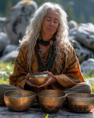 middle-aged women with singing bowls.  sound healing, mental health, sound therapy,  wellness, meditation concept.