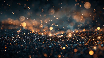 Close-up of shimmering golden particles creating a festive bokeh effect on a dark background.