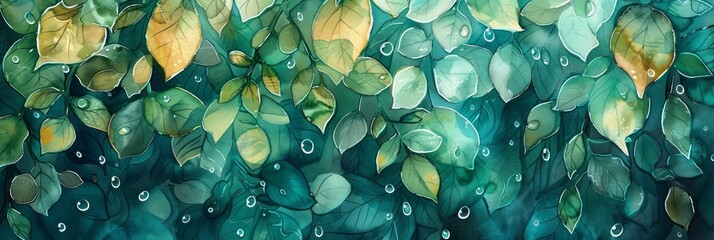 Emerald and teal droplets scatter across the paper, mimicking the chaotic beauty of a rainforest canopy, kawaii, bright water color - obrazy, fototapety, plakaty