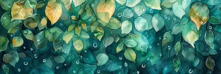Fotobehang Emerald and teal droplets scatter across the paper, mimicking the chaotic beauty of a rainforest canopy, kawaii, bright water color © Sweettymojidesign