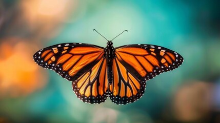 Close-up of a majestic Monarch butterfly with detailed orange and black wings, natural elegance.